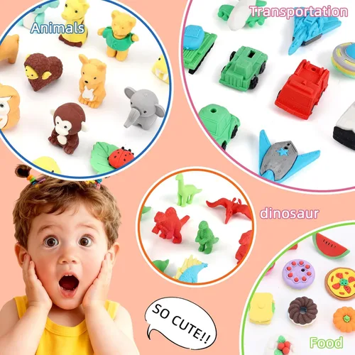 Miniatura 4 de URSKYTOUS 150 borradores de animales a granel, lindos borradores de alimentos, escritorio, mascotas, niños, rompecabezas, borrador desmontable