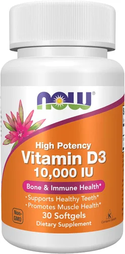 Now Foods Suplementos, Vitamina D-3 10,000 UI, Máxima Potencia, Soporte Estructural*, 30 Cápsulas Blandas