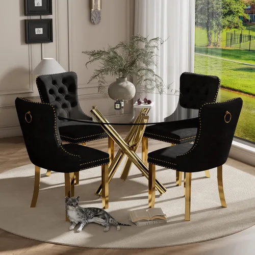 Miniatura 49 de Juego pequeño de mesa redonda con tapa de vidrio transparente para 2, 36'' Juego moderno de lujo para cenas circulares, 3 piezas Juego minimalista
