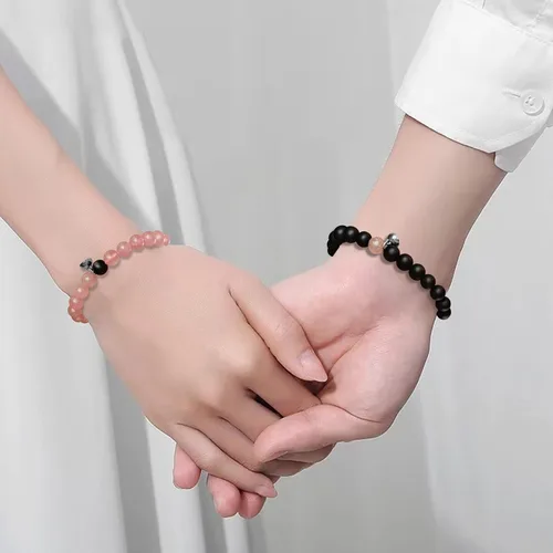 Miniatura 4 de 2 pulseras magnéticas para parejas, piedra natural negra mate, cristal para votos de amor eterno, juego de pulseras de cuentas de piedra de energía