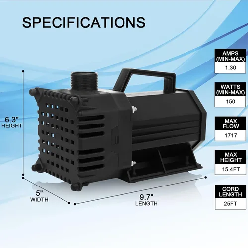Miniatura 4 de BARST Bomba de agua sumergible 2110GPH Bomba de estanque con certificación UL con cable de 25 pies, bomba de fuente de agua de alto flujo de 200 W