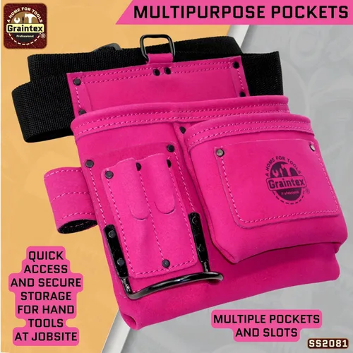 Miniatura 3 de Graintex Cinturón/Bolsa de herramientas de piel de ante de 5 bolsillos Rosa Cinturón de herramientas de cuero multiusos para mujeres y hombres