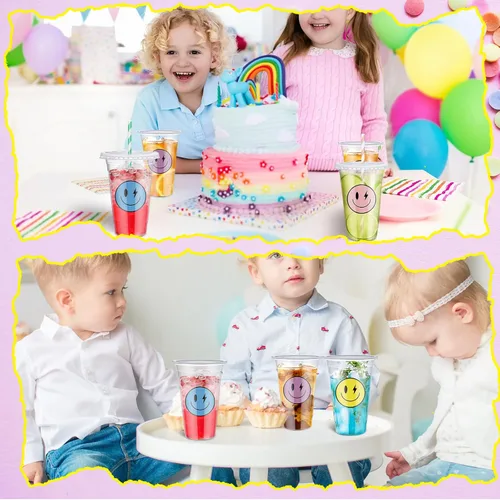 Miniatura 6 de Norme Juego de 52 vasos de plástico con tapa de cara sonriente de 16 onzas, tazas de café helado desechables transparentes con rayas