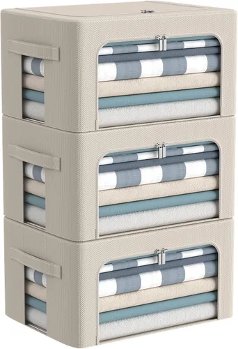 Paquete de 3 cajas de almacenamiento con marco, bolsas de almacenamiento de ropa, tela Oxford, plegable, apilable, juego organizador con ventana