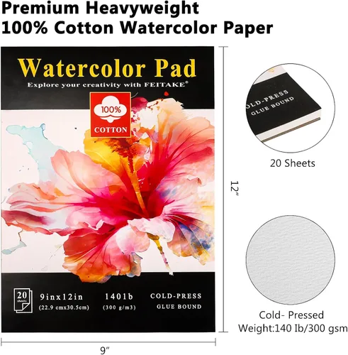 Miniatura 6 de FEITAKE Bloc de acuarela de 9 x 12 pulgadas, cuaderno de bocetos de papel de acuarela 100% algodón/prensado en frío, 140 libras (10.58 oz/m²), libre