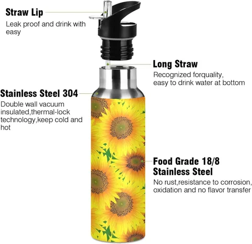 Miniatura 3 de Insulated Water Bottle 20 Oz, Leakproof Water Bottles for Gym Outdoor Travel School, Vibrant Sunflowers Bright Yellow
