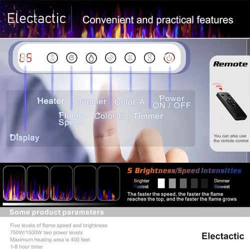 Miniatura 6 de Electactic - Chimenea eléctrica de 50 pulgadas ultradelgada - Chimenea insertada y montada en la pared con termostato, llama ajustable, control