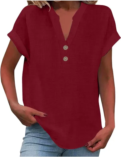 Miniatura 10 de Camisas de lino para mujer 2025 verano casual cuello en V botón abajo manga corta tops moda cómodo negocio trabajo blusas, beige (A-Beige)