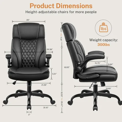 Miniatura 3 de Silla de oficina con brazos abatibles, silla de oficina ejecutiva de cuero ergonómica con soporte lumbar, reposacabezas ajustable, silla de Negro