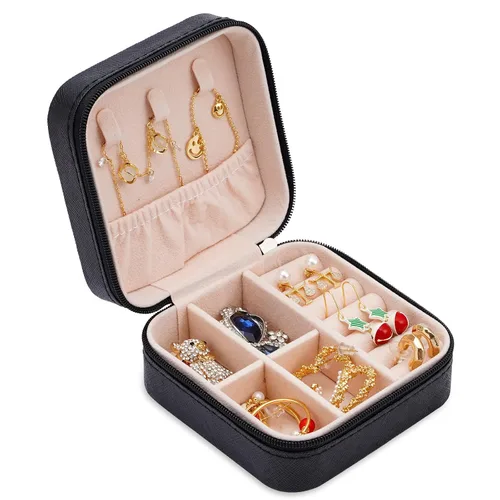 Miniatura 7 de Mini joyero portátil de viaje de cuero para joyas, organizador de anillos, caja de regalo de almacenamiento, para niñas y mujeres (negro).