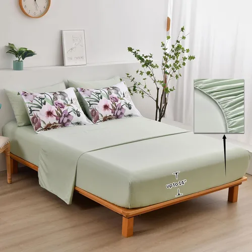 Miniatura 4 de Luxudecor Juego de edredón floral tamaño King de 7 piezas, cama de flores verdes en una bolsa, elegante edredón floral con juego de sábanas, juego