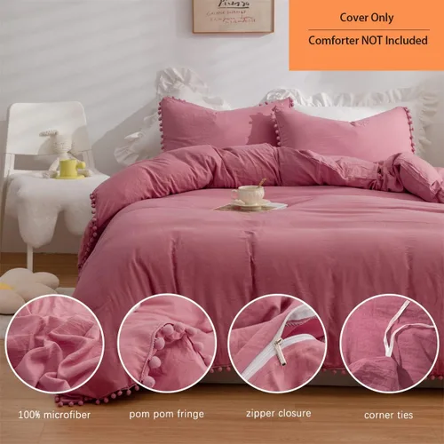 Miniatura 2 de IHOUSTRIY Funda de edredón para niños, tamaño individual, 100% microfibra lavada, juego de funda de edredón de 2 piezas para niña, con pompones