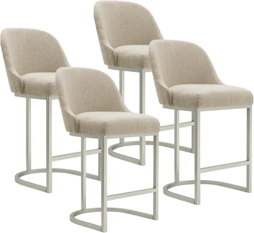 Miniatura 20 de Leick Home 10133PW/OL Taburete de bar con base de metal, juego de 2, para encimeras de cocina elevadas, mesas altas y bares, asiento moderno de lino