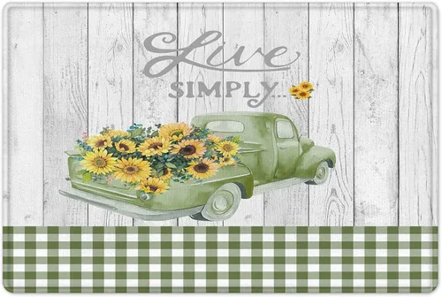 Miniatura 2 de EOBTAIN Juego de cortinas de ducha de girasol, camión de granja, campo, salvia, verde, a cuadros, flores florales amarillas en tablero de madera