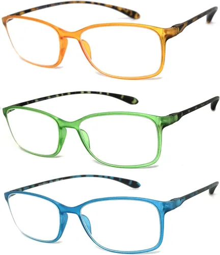 Gafas de lectura rectangulares para hombre y mujer, con montura delgada colorida (3 pares, naranja/verde/azul, +1.75)