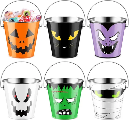 Tioncy 6 cubos de calabaza de Halloween a granel de metal para trucos o golosinas, cubo de recuerdos de fiesta con asa, cubo pequeño de calabaza de