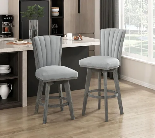 Miniatura 6 de Juego de 2 sillas de comedor giratorias de altura de mostrador con estructura de madera maciza tapizada de tela copetuda para juegos de mesa