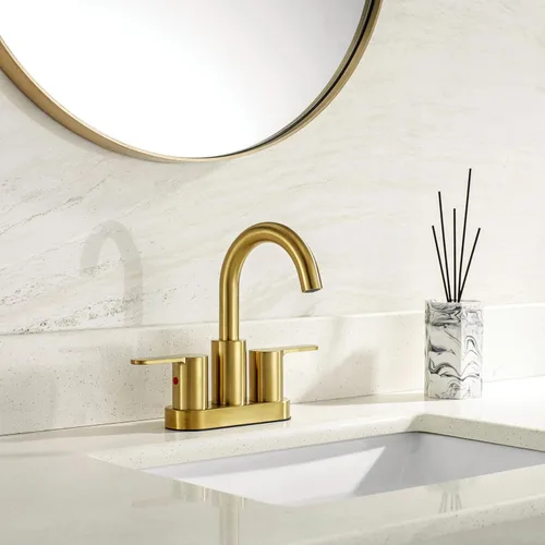 Miniatura 2 de TimeArrow Grifo de Lavabo de Baño Centerset de 2 Manijas en Oro Cepillado con Ensamble de Desagüe, Grifo de Lavatorio de Tocador de Baño Moderno