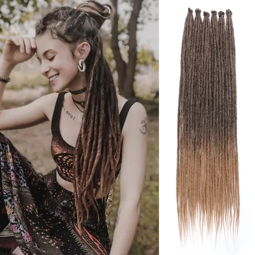 Miniatura 60 de Leeven Extensiones de rastas grises de 40 hebras de 18 pulgadas con terminación única hechas a mano, extensiones de rastas suaves de 0.6 cm