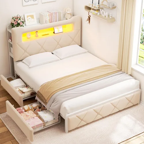 Miniatura 10 de Base de cama LED tapizada tamaño Queen con 2 cajones de almacenamiento y cabecera de almacenamiento de 2 niveles, cama de plataforma de terciopelo