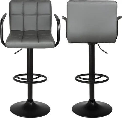 Miniatura 7 de Leopard Taburetes de bar ajustables con reposabrazos, respaldo cuadrado, doble costura giratoria con taburete trasero, juego de 2 (gris)