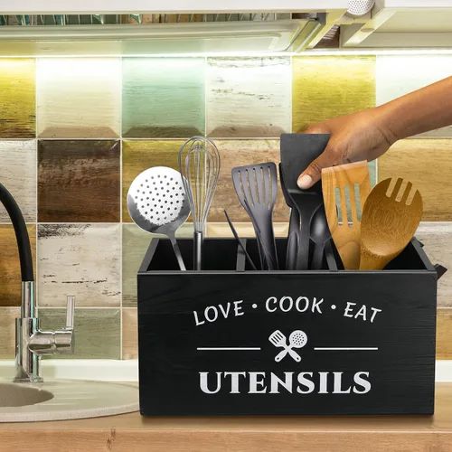 Miniatura 6 de MINCORD Soporte para utensilios de cocina con 3 compartimentos, caja organizadora de almacenamiento de madera rústica, caja organizadora