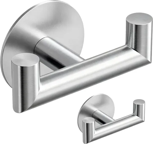 GWAAZXGZ Paquete de 2 ganchos de baño de níquel cepillado para toallas, ganchos dobles autoadhesivos para pared, sin taladrar, acero inoxidable 304,