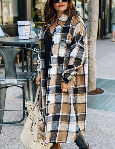 Miniatura 3 de Omoone - Chaqueta de manga larga con botones para mujer diseño a cuadros de ajuste holgado
