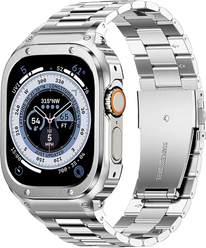 Miniatura 14 de MioHHR Correa y funda de acero inoxidable compatible con Apple Watch Band de 1.614 in, 1.575 in y 1.496 in, cubierta protectora de metal para Negro