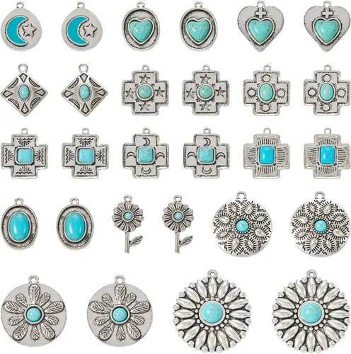 Miniatura 15 de Colgantes de estilo tibetano, dijes de piedra turquesa sintética para collar, pulsera, joyería, fabricación de artesanías, Gema, No es una piedra