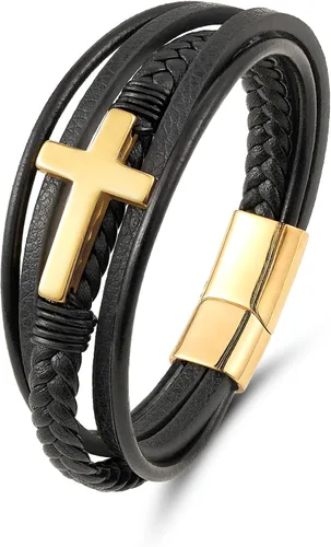 Miniatura 8 de Pulsera de cuero para hombre con cruz trenzada de varias capas con cierre de acero inoxidable, regalos religiosos cristianos para él