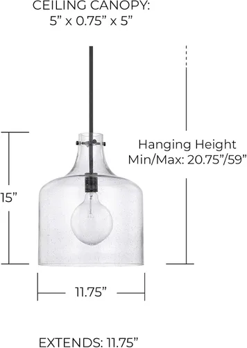 Miniatura 2 de HomePlace Lighting 325712MB Crawford - Lámpara colgante con tarro de vidrio transparente industrial/urbano, 1 luz de 100 vatios, 15 pulgadas de alto