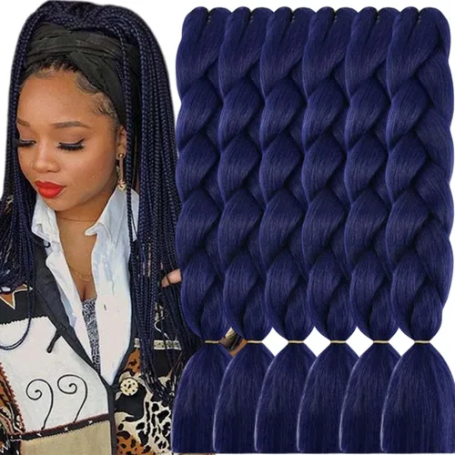 Miniatura 55 de 3 paquetes de extensiones de cabello sintético para trenzar de color negro a azul, tamaño jumbo ombré, de 24 pulgadas o trenzas de ganchillo