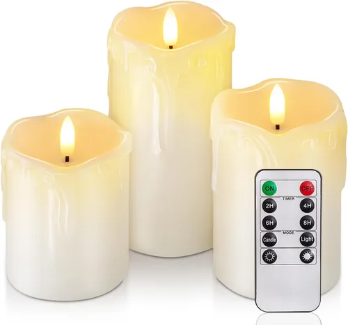 Homemory juego de 3 velas LED de cera que gotean sin llama, con control remoto y temporizador, funcionan con pilas, de 5 pulgadas de alto x 4 Cera