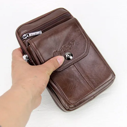 Miniatura 6 de Riñonera de piel de vaca de capa superior para hombre, riñonera lateral, bolsa para teléfono inteligente, modelo 8-marrón