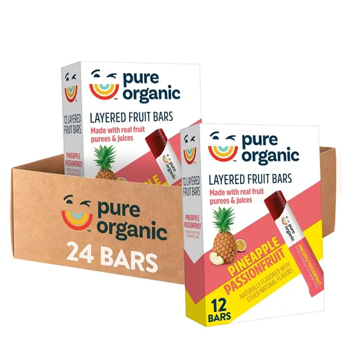 Pure Organic Barras de frutas en capas, sin gluten, aperitivos de frutas veganas, fruta de la pasión de piña (2 cajas, 24 barras)