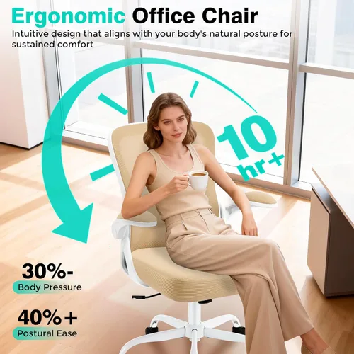 Miniatura 5 de AreShark Silla de oficina – Silla de escritorio ergonómica de malla transpirable con soporte lumbar ajustable y reposabrazos abatibles – Silla Caqui