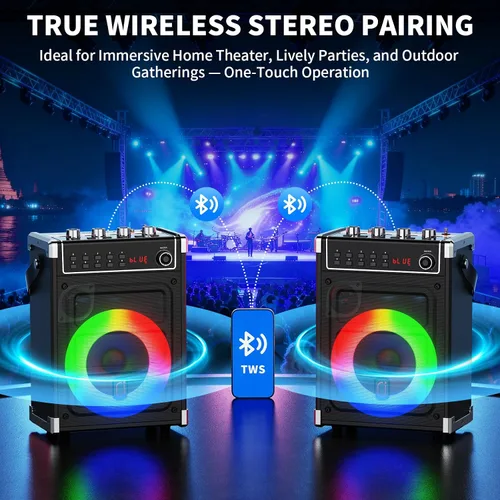Miniatura 5 de JYX - Máquina de karaoke con 2 micrófonos inalámbricos, altavoz Bluetooth portátil con ajuste de graves/agudos y luz LED, compatible con TWS