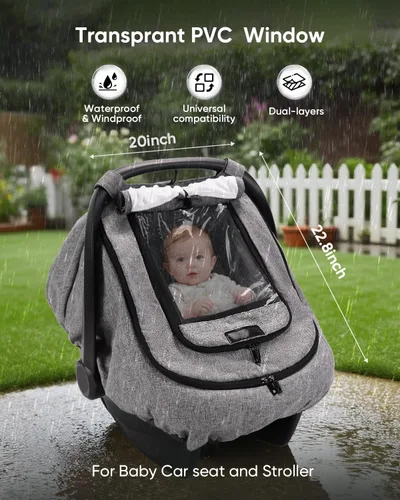 Miniatura 2 de TinlyFinly Funda impermeable para asiento de coche para bebé, funda de lluvia para asiento de coche de 2 capas con ventana transparente y parasol
