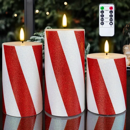Miniatura 10 de Velas LED de pilar con purpurina de rayas rojas, velas de cera real sin llama para Navidad, vacaciones, decoración de fiesta en el hogar, juego de 3