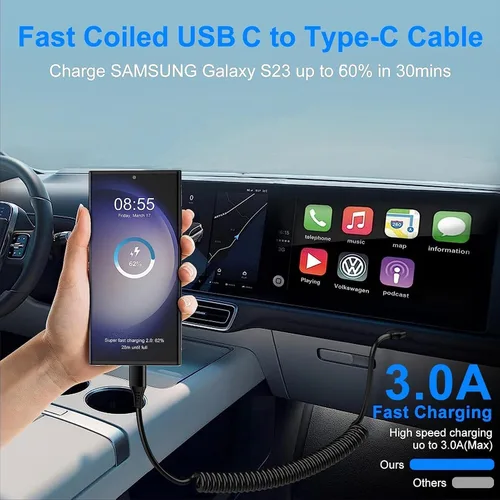 Miniatura 3 de Cable USB C para Android Auto de carga rápida, 3 pies + 6 pies, retráctil en espiral tipo C a C, cable de carga de teléfono para Samsung Galaxy A17