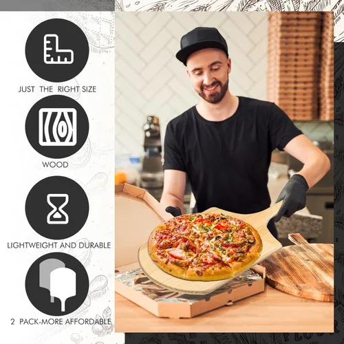 Miniatura 4 de Bokon Paquete de 2 palas de madera para pizza, 16 x 14 pulgadas, juego de paletas de pizza grandes con mango de madera de 8 pulgadas para horno