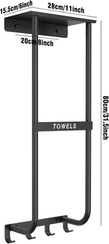 Miniatura 6 de Toallero para baño, toallero de pared de metal negro con estante y 4 ganchos, organizador de almacenamiento de toallas de baño