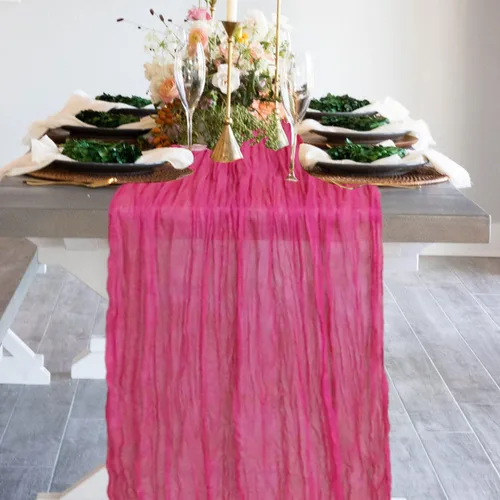 Miniatura 7 de MODFUNS Camino de mesa de gasa de color rosa intenso, camino de mesa de lino y algodón de 10 pies, color fucsia, para mesas de comedor, ropa