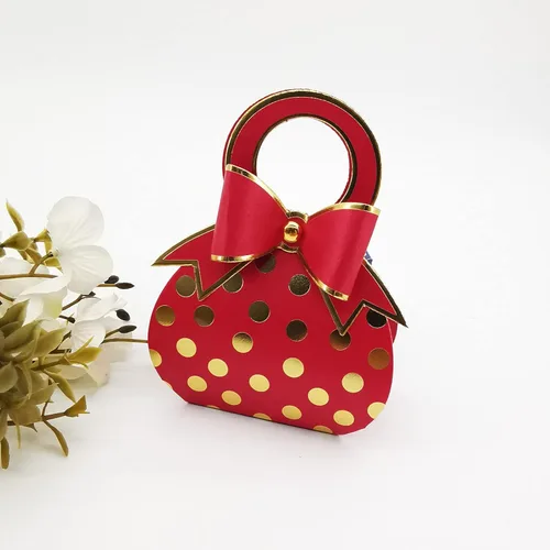 Miniatura 2 de 50 bolsas de mano con lazo rojo y dorado con lunares de papel de aluminio dorado, cajas de dulces con lazo con asa para boda, cumpleaños, despedida