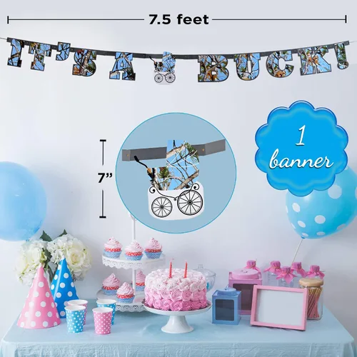 Miniatura 2 de Havercamp Banner de revelación de género de camuflaje para bebé niño. - ¡Cartel de "It's A Buck!" - Letras de 7 1/2 pies de largo, 7 pulgadas
