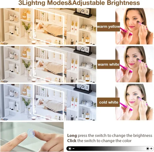Miniatura 5 de FURNJOYLIFE Escritorio grande de maquillaje con espejo iluminado y toma de corriente, tocador con 3 modos de iluminación ajustable, cajones