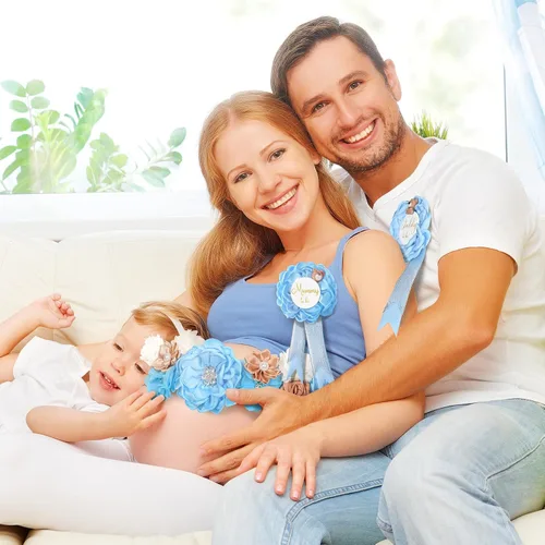 Miniatura 4 de Faja de maternidad floral para mamá, papá para ser ramillete, juego de alfileres de oso de peluche azul, banda para baby shower, cinturón de vientre
