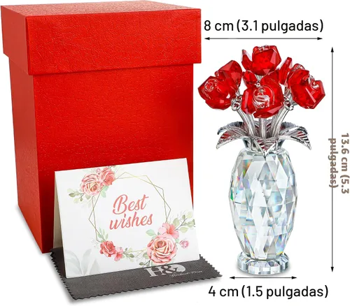 Miniatura 5 de Figura de flor de rosa de cristal rojo con base, ramo de flores de cristal, regalos para mujeres, novia, esposa, flores de cristal hechas a mano