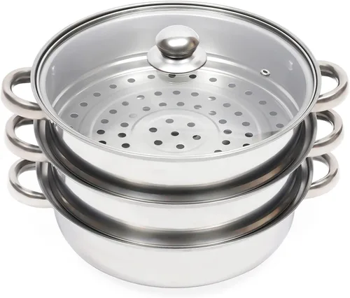 Miniatura 9 de Vaporizador de acero inoxidable para cocinar, juego de ollas al vapor de alimentos con tapa de vidrio y asa para albóndigas al vapor, tamales